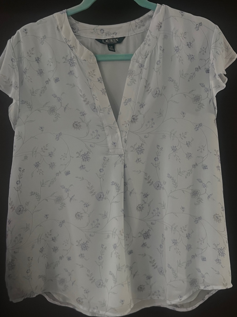 Ralph Lauren White Cap-Sleeve Floral Split-Neck Blouse